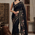Elegant Black Georgette Embroidery Work Saree for Women