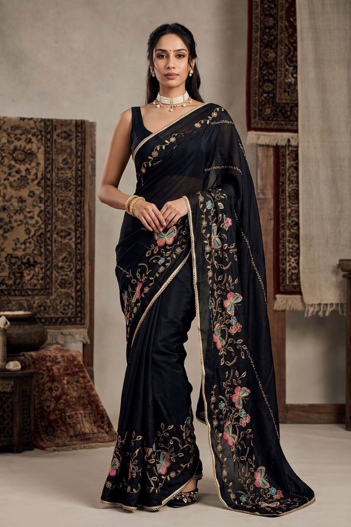 Elegant Black Georgette Embroidery Work Saree for Women