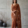 Premium Brown Georgette Embroidery Work Saree for Women