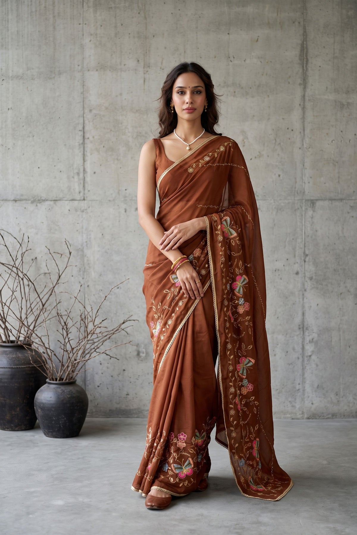 Premium Brown Georgette Embroidery Work Saree for Women