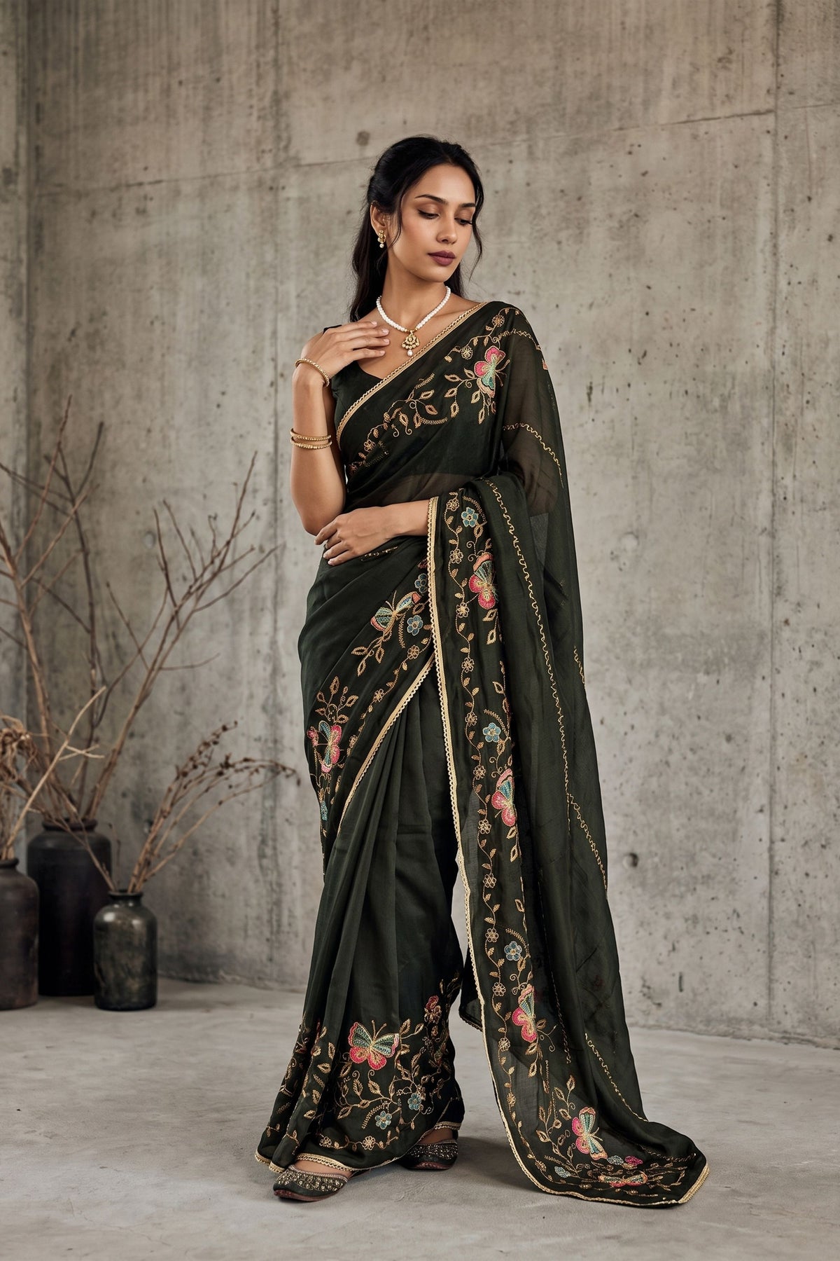 Stylish Dark Green Georgette Embroidery Work Saree for Women