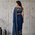 Royal Navy Blue Georgette Embroidery Work Saree for Women