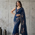 Royal Navy Blue Georgette Embroidery Work Saree for Women