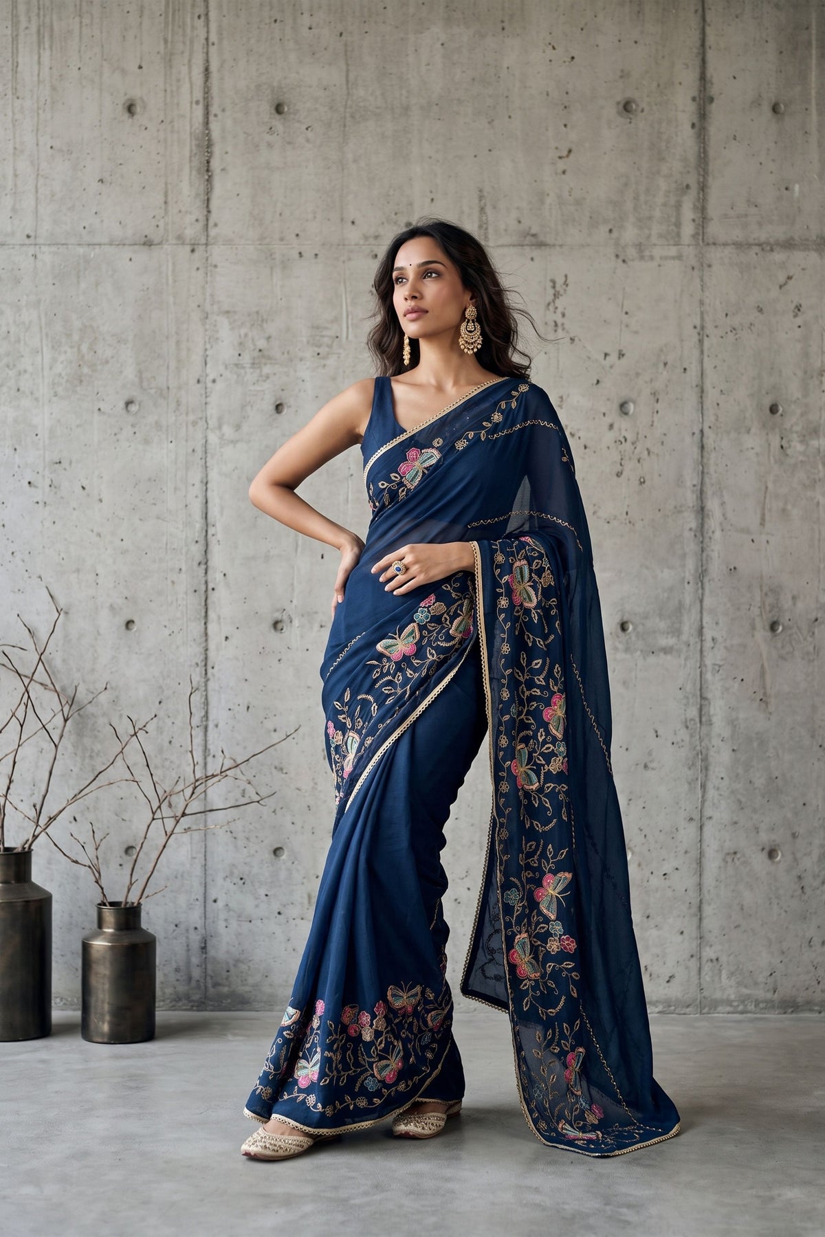 Royal Navy Blue Georgette Embroidery Work Saree for Women