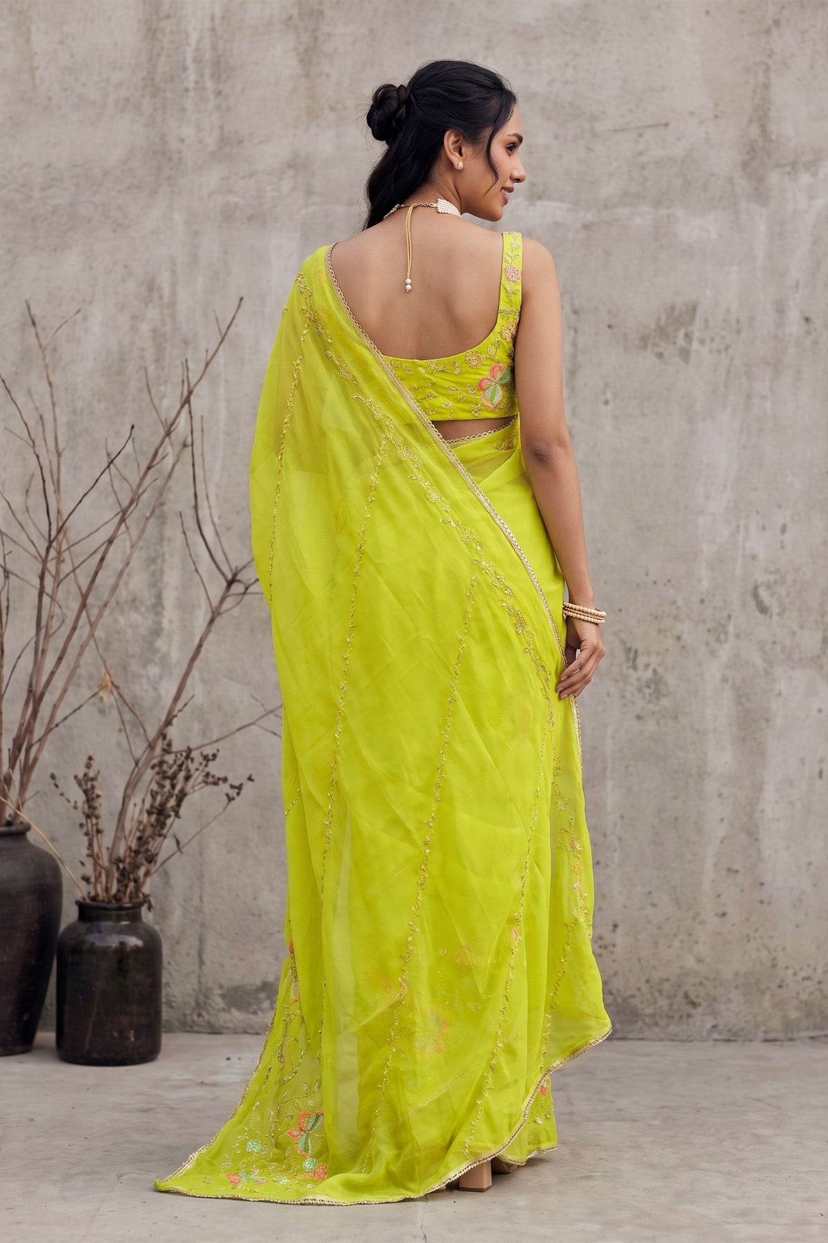 Graceful Lime Green Georgette Embroidery Work Saree for Women