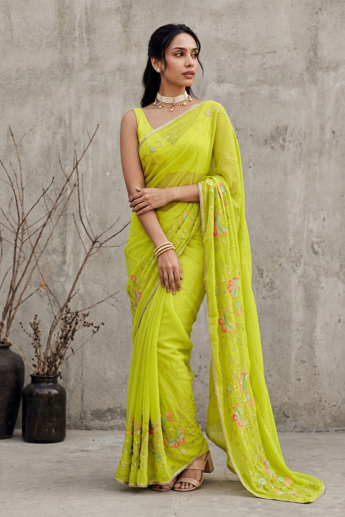 Graceful Lime Green Georgette Embroidery Work Saree for Women