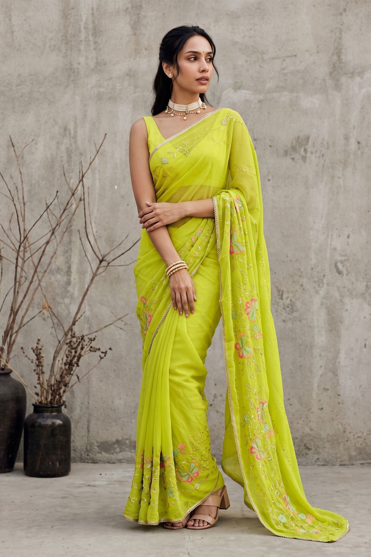 Graceful Lime Green Georgette Embroidery Work Saree for Women