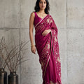 Beautiful Rani Pink Georgette Embroidery Work Saree for Women