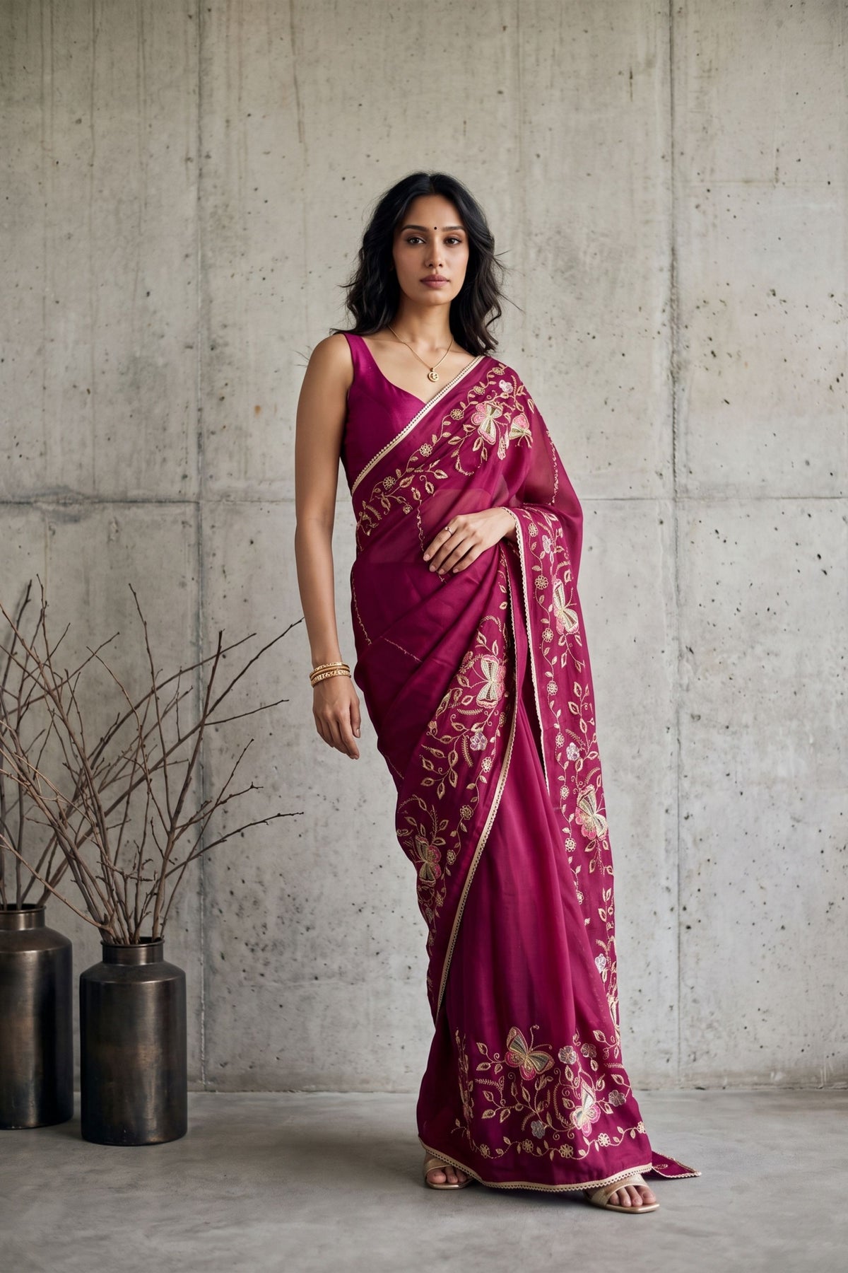 Beautiful Rani Pink Georgette Embroidery Work Saree for Women