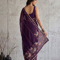 Stylish Dark Purple Georgette Embroidery Work Saree for Women