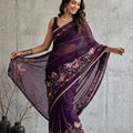 Stylish Dark Purple Georgette Embroidery Work Saree for Women