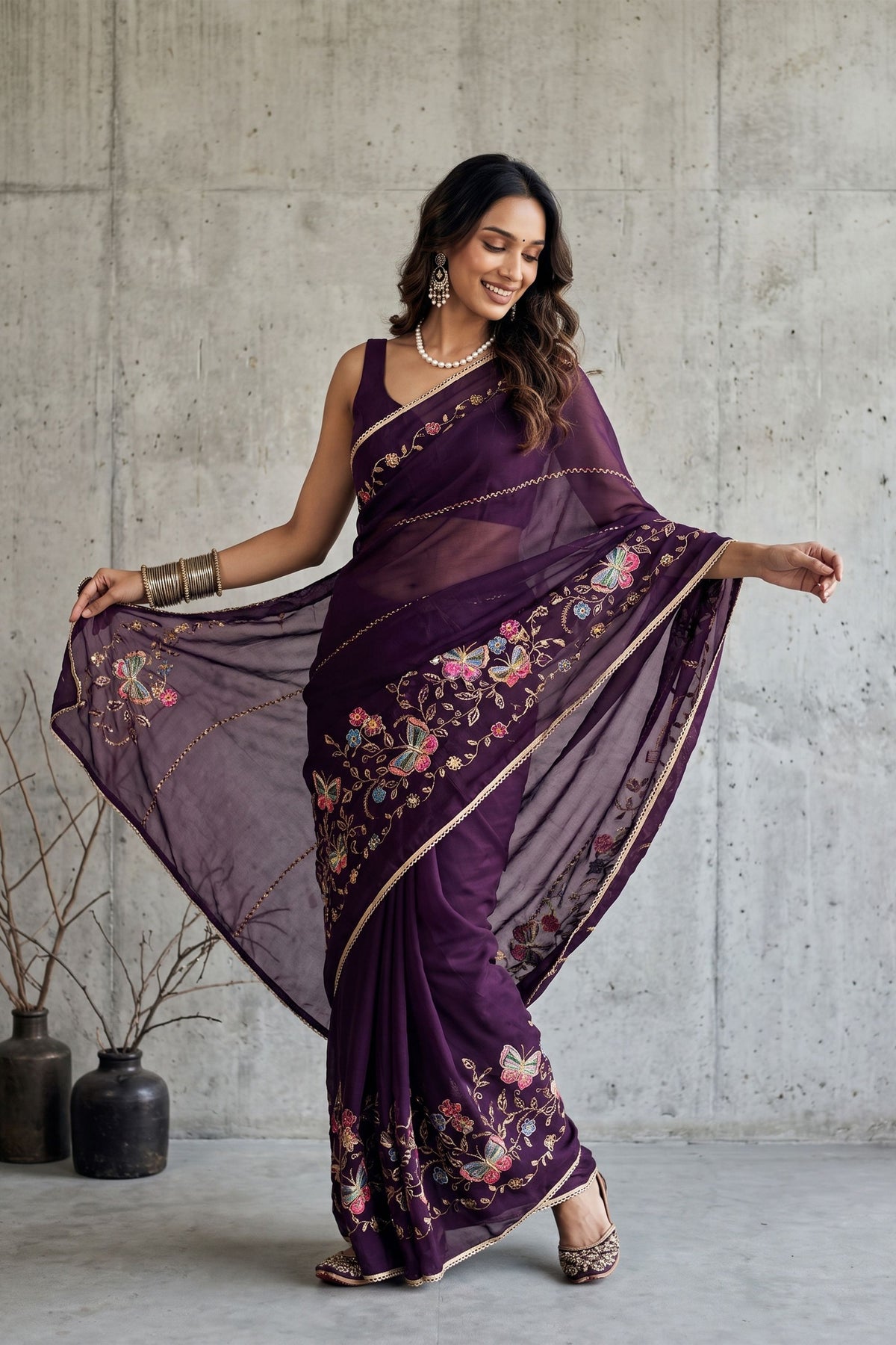 Stylish Dark Purple Georgette Embroidery Work Saree for Women