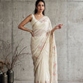 Vibrant Off White Georgette Embroidery Work Saree for Women