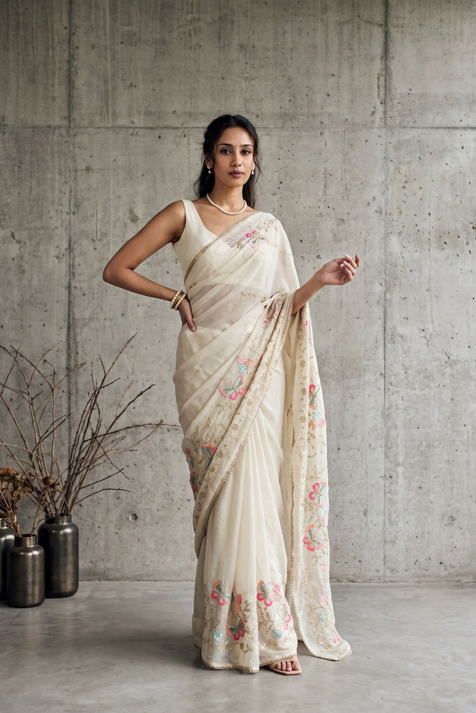 Vibrant Off White Georgette Embroidery Work Saree for Women