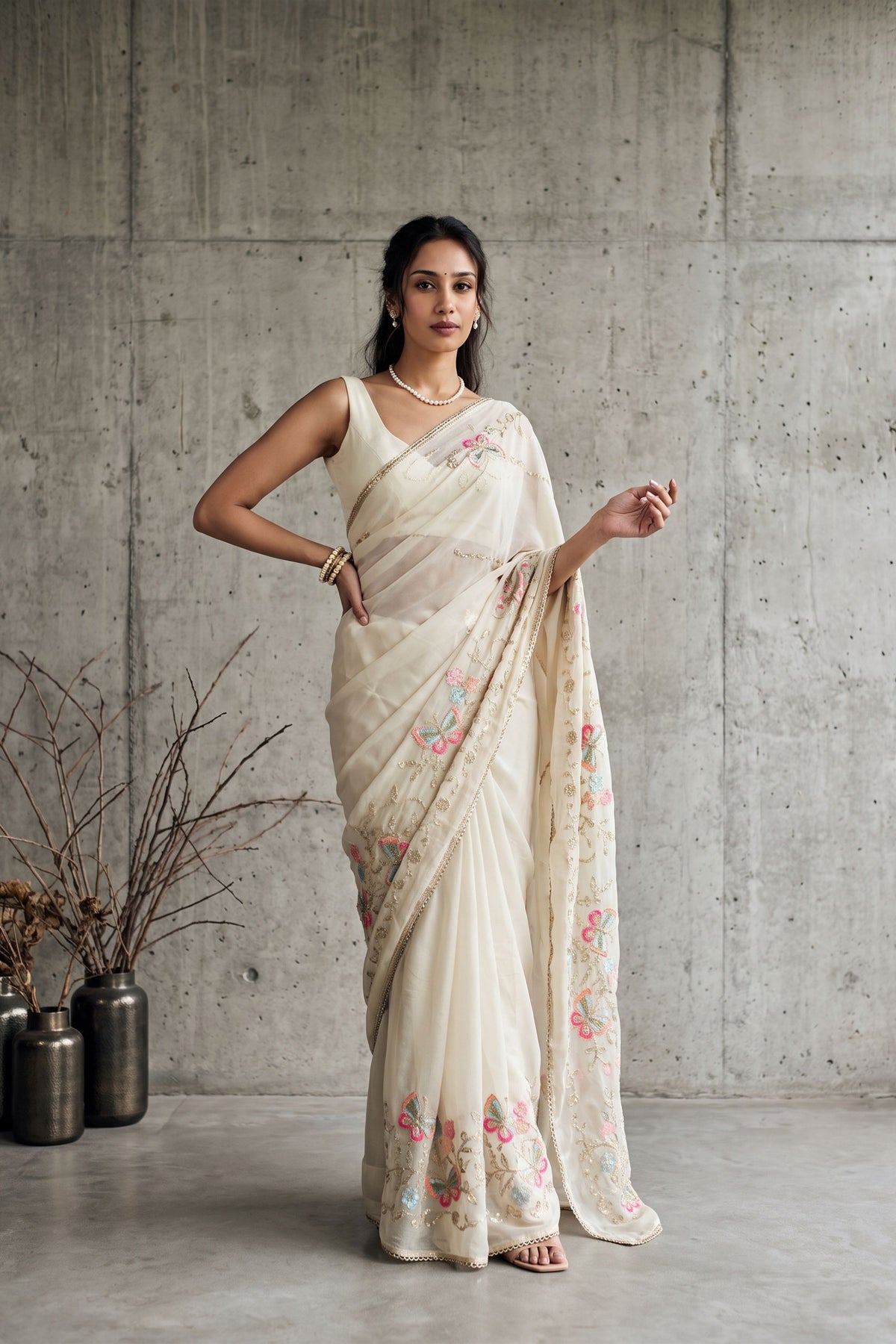 Vibrant Off White Georgette Embroidery Work Saree for Women