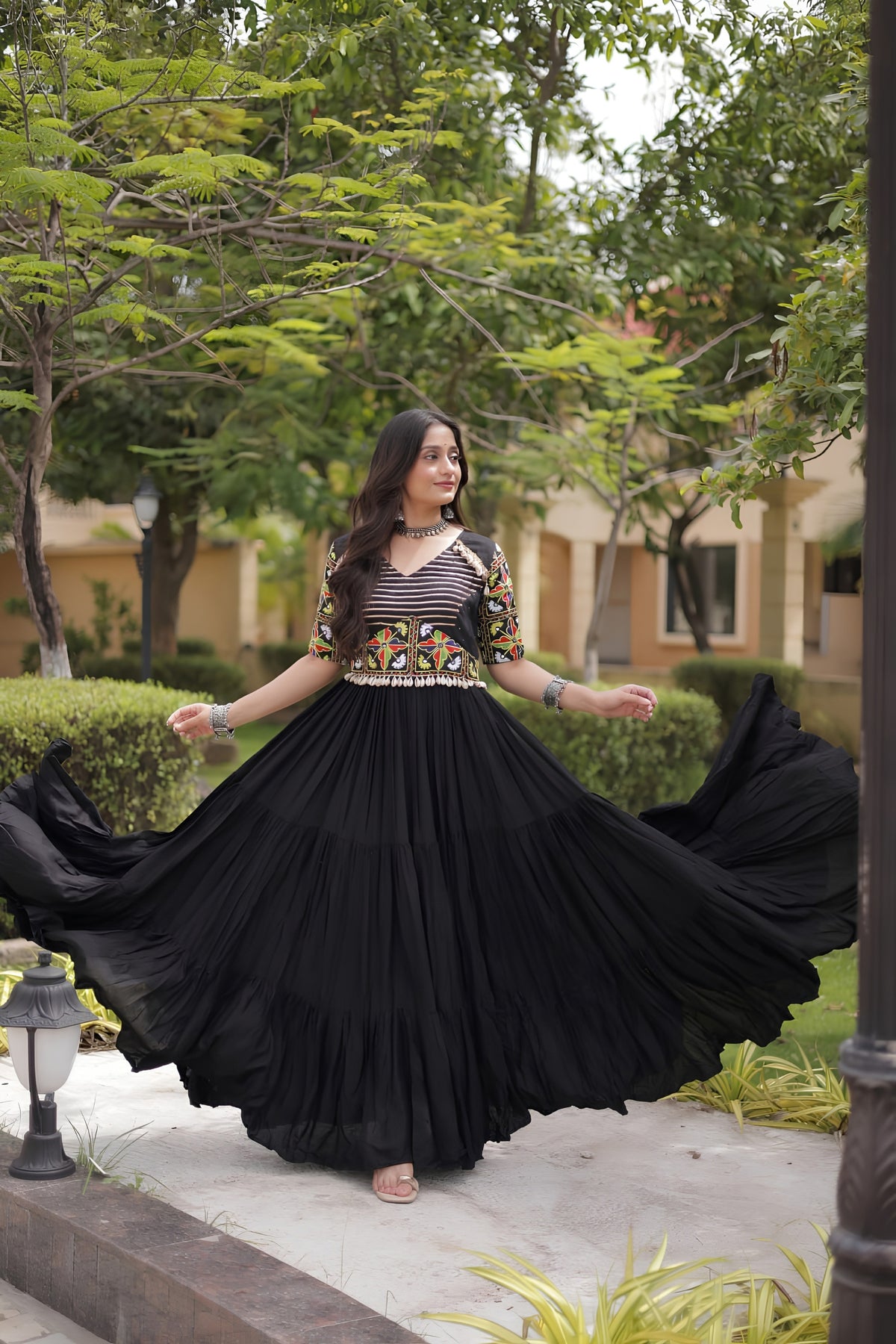Stylish Black Multicolor Rayon Embroidered Designer Gown with Flared Skirt for Women
