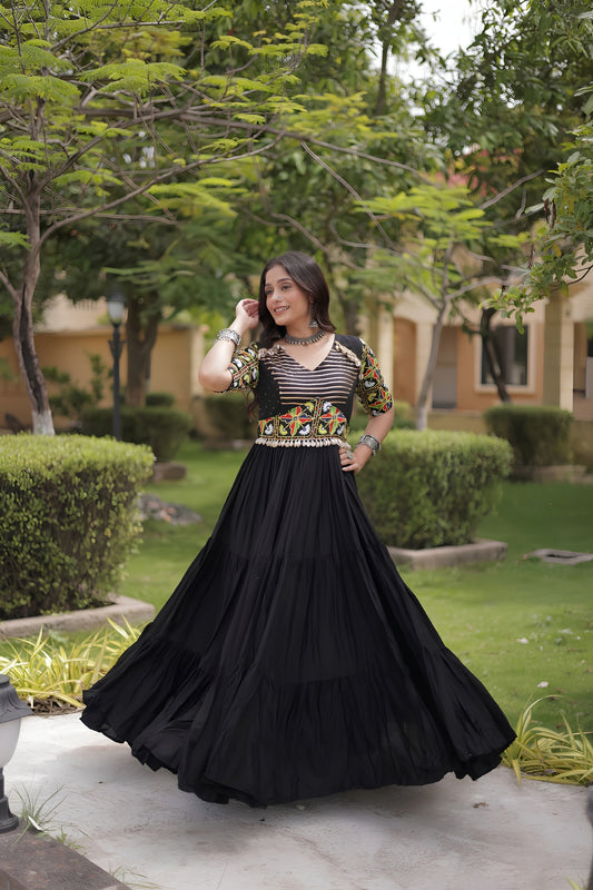 Stylish Black Multicolor Rayon Embroidered Designer Gown with Flared Skirt for Women