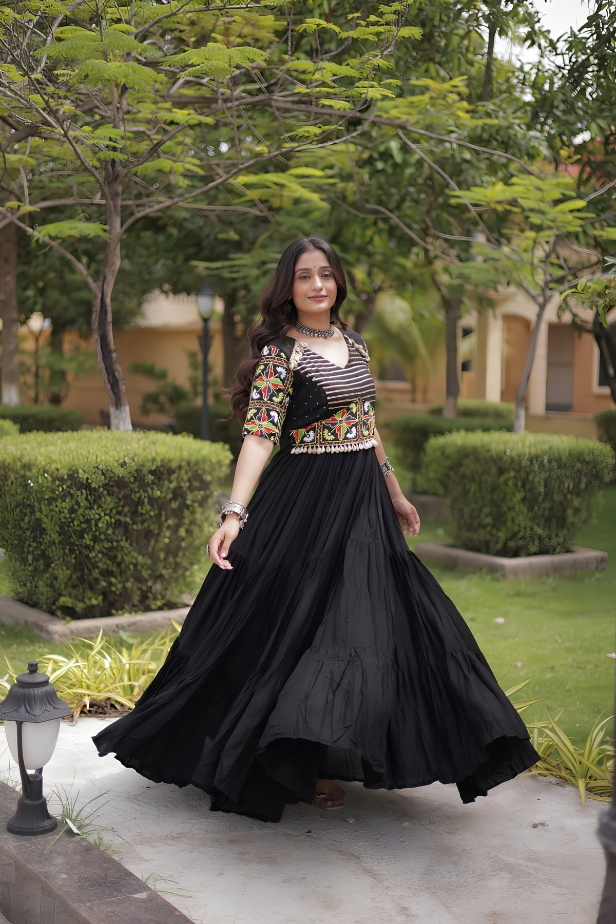 Stylish Black Multicolor Rayon Embroidered Designer Gown with Flared Skirt for Women