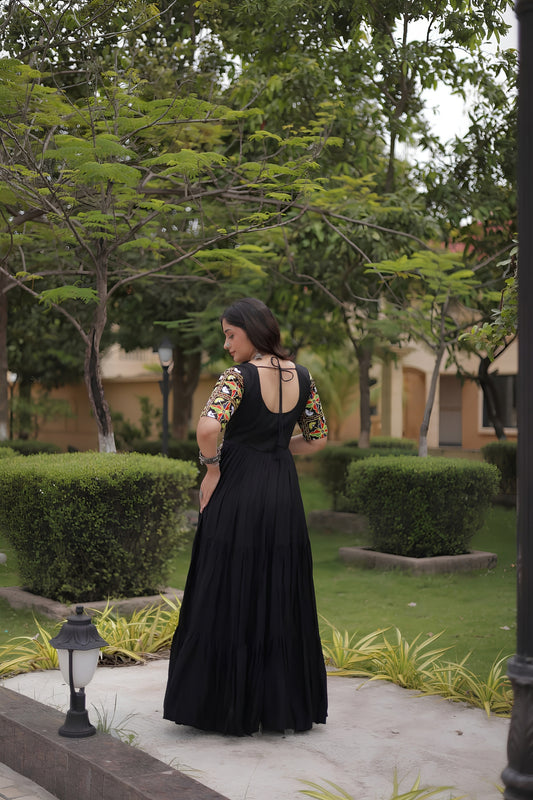Stylish Black Multicolor Rayon Embroidered Designer Gown with Flared Skirt for Women