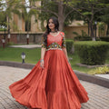 Vibrant Rust Orange Multicolor Rayon Embroidered Designer Gown with Flared Skirt for Women