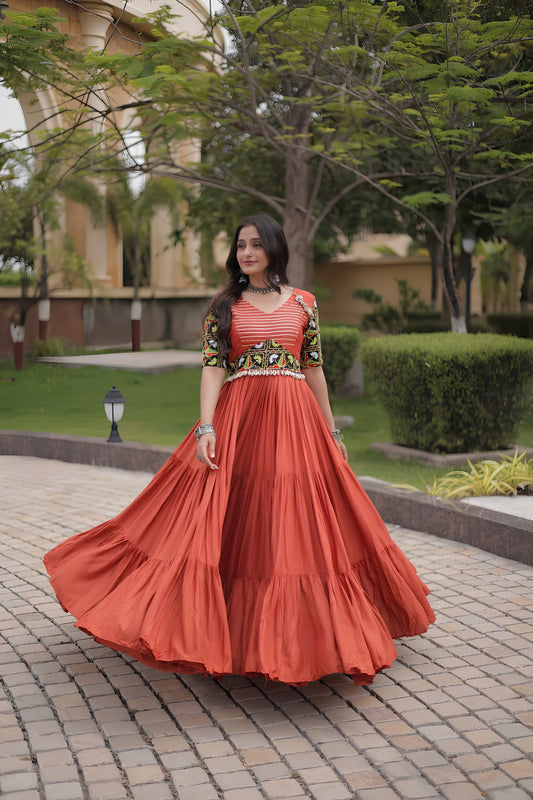 Vibrant Rust Orange Multicolor Rayon Embroidered Designer Gown with Flared Skirt for Women