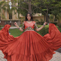 Vibrant Rust Orange Multicolor Rayon Embroidered Designer Gown with Flared Skirt for Women