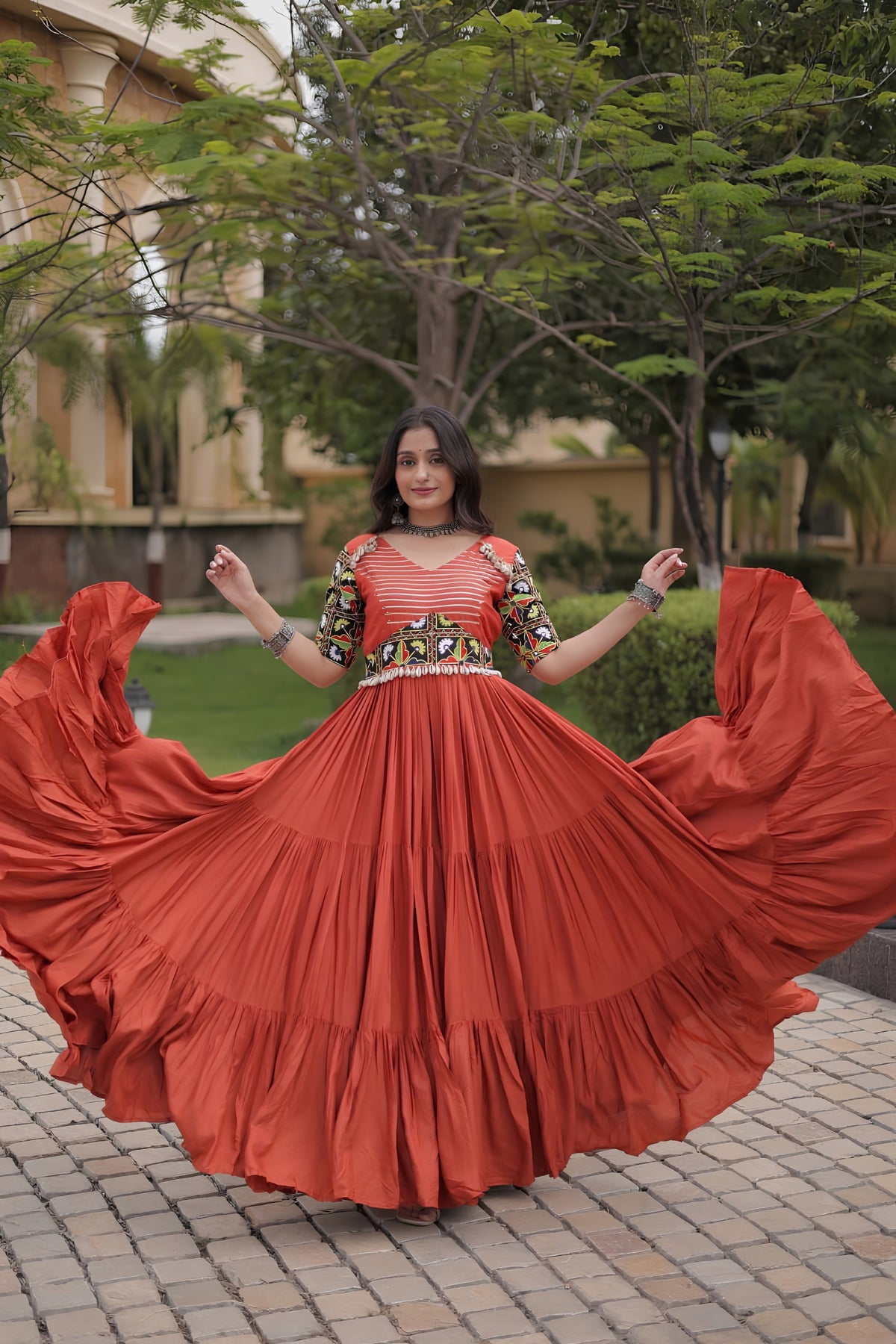 Vibrant Rust Orange Multicolor Rayon Embroidered Designer Gown with Flared Skirt for Women