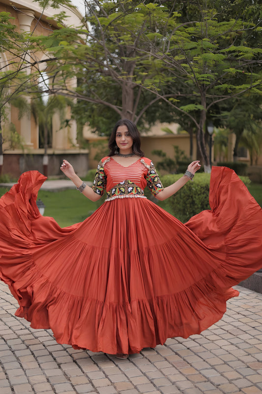 Vibrant Rust Orange Multicolor Rayon Embroidered Designer Gown with Flared Skirt for Women
