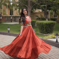 Vibrant Rust Orange Multicolor Rayon Embroidered Designer Gown with Flared Skirt for Women