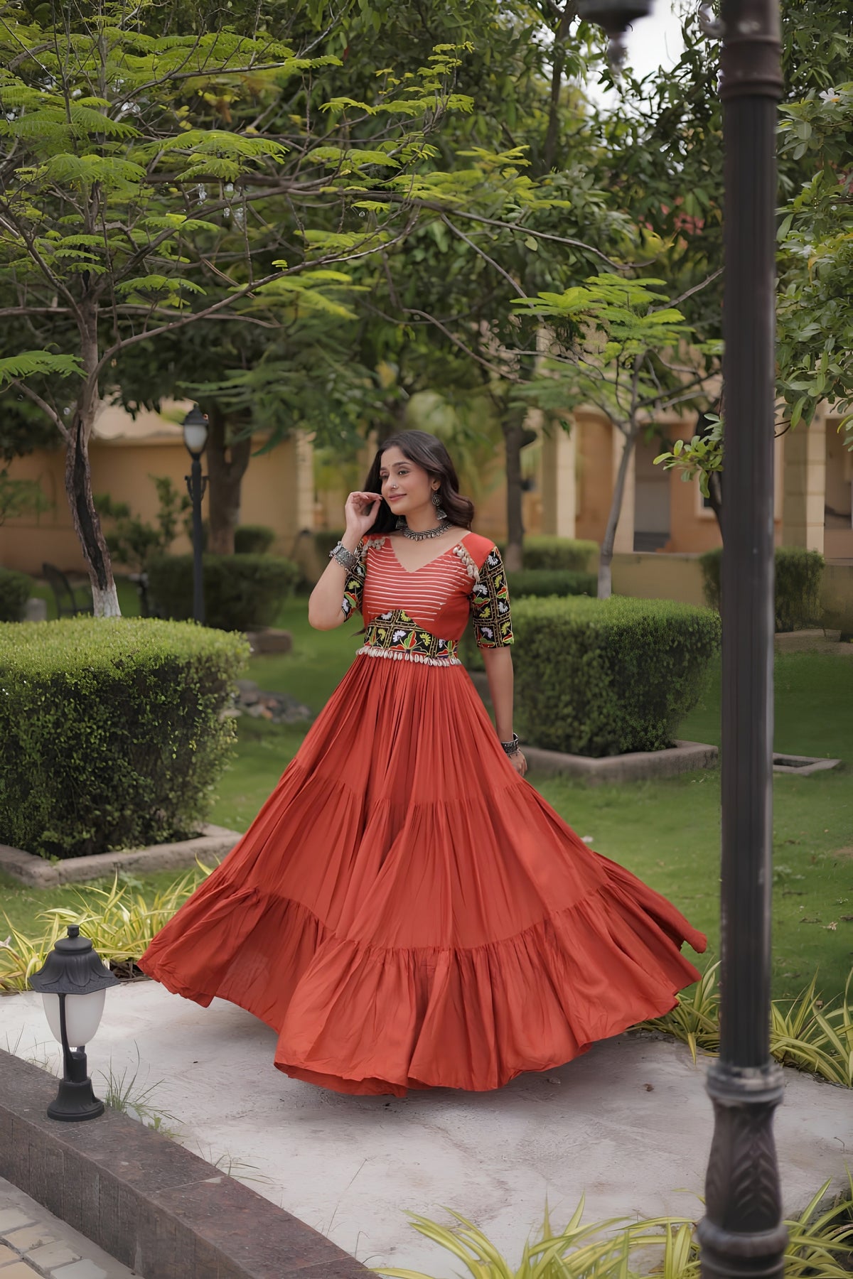 Vibrant Rust Orange Multicolor Rayon Embroidered Designer Gown with Flared Skirt for Women