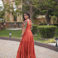 Vibrant Rust Orange Multicolor Rayon Embroidered Designer Gown with Flared Skirt for Women