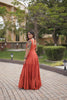 Vibrant Rust Orange Multicolor Rayon Embroidered Designer Gown with Flared Skirt for Women
