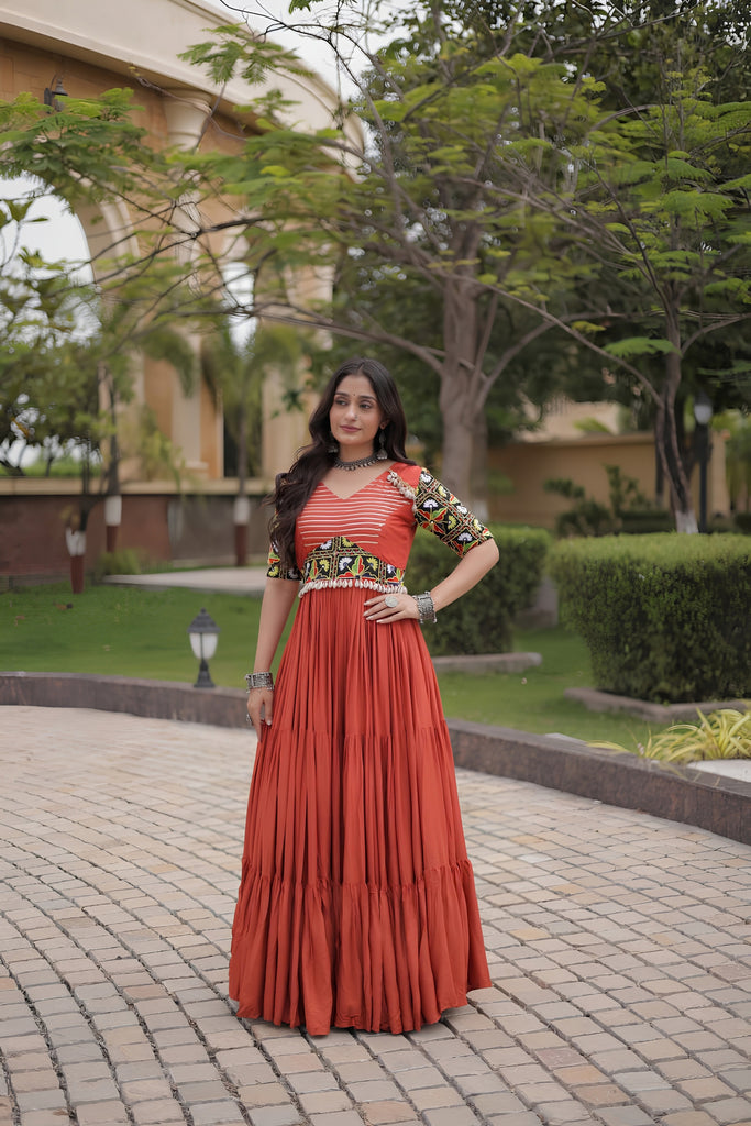 Vibrant Rust Orange Multicolor Rayon Embroidered Designer Gown with Flared Skirt for Women