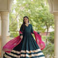 Elegant Rama Green Rayon Gown with Pink Dupatta and Gota Patti Lace Work for Navratri