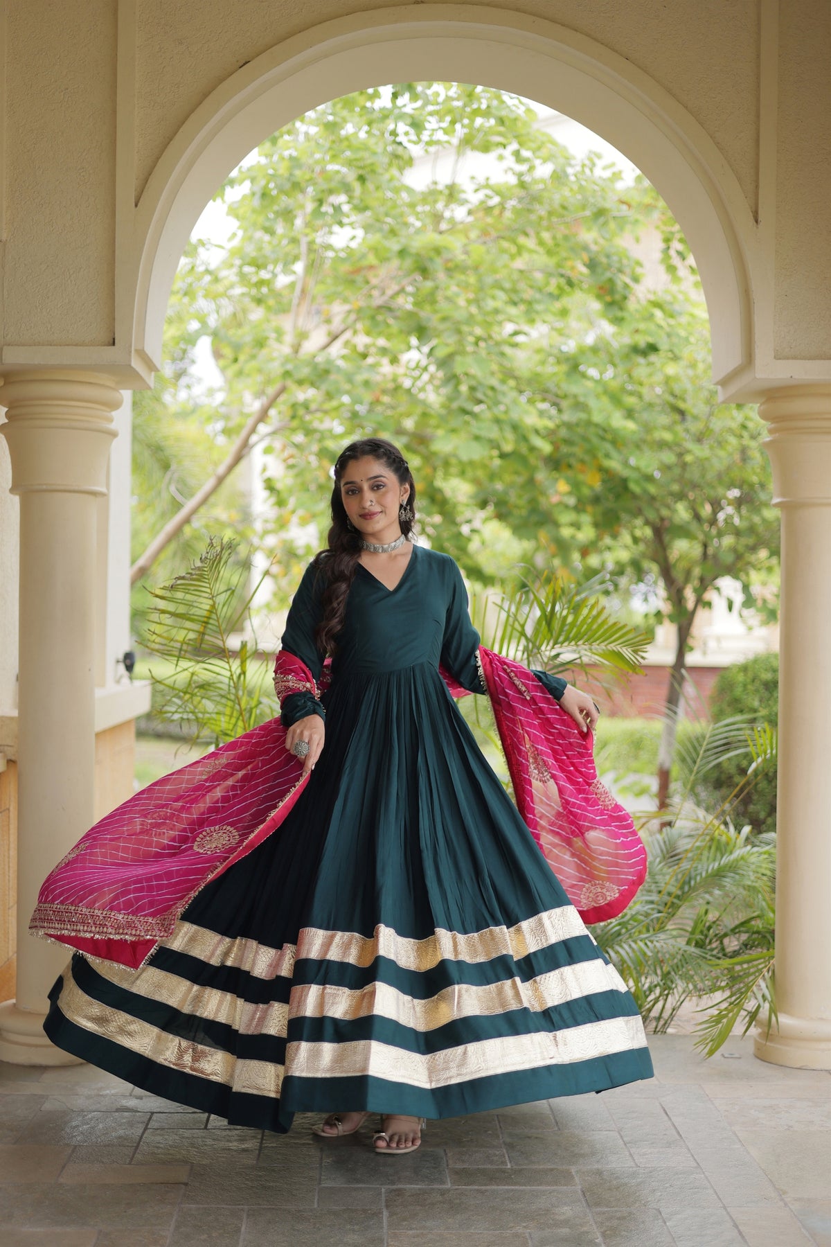 Elegant Rama Green Rayon Gown with Pink Dupatta and Gota Patti Lace Work for Navratri