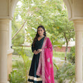 Elegant Rama Green Rayon Gown with Pink Dupatta and Gota Patti Lace Work for Navratri