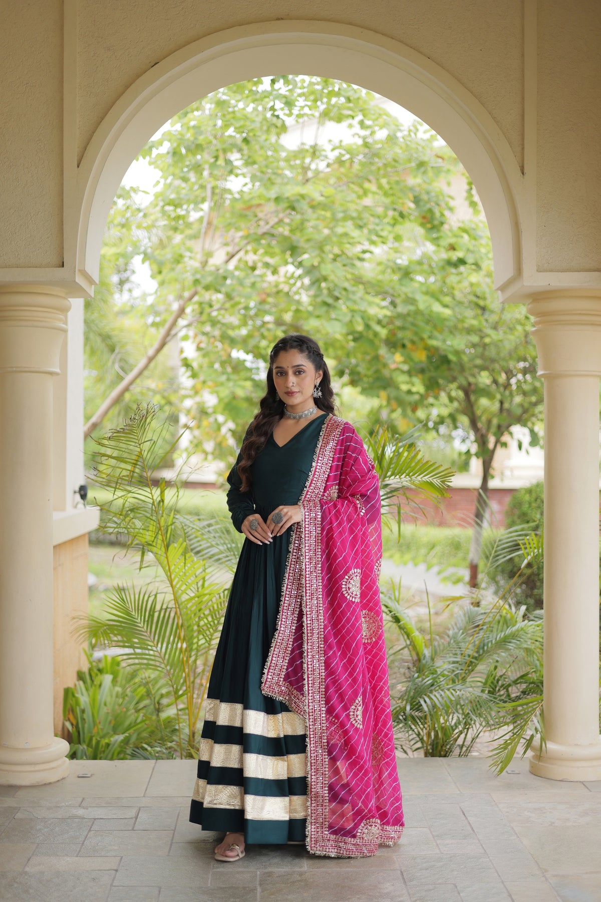 Elegant Rama Green Rayon Gown with Pink Dupatta and Gota Patti Lace Work for Navratri
