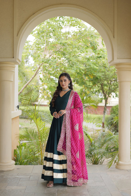 Elegant Rama Green Rayon Gown with Pink Dupatta and Gota Patti Lace Work for Navratri