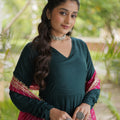 Elegant Rama Green Rayon Gown with Pink Dupatta and Gota Patti Lace Work for Navratri