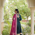 Elegant Rama Green Rayon Gown with Pink Dupatta and Gota Patti Lace Work for Navratri