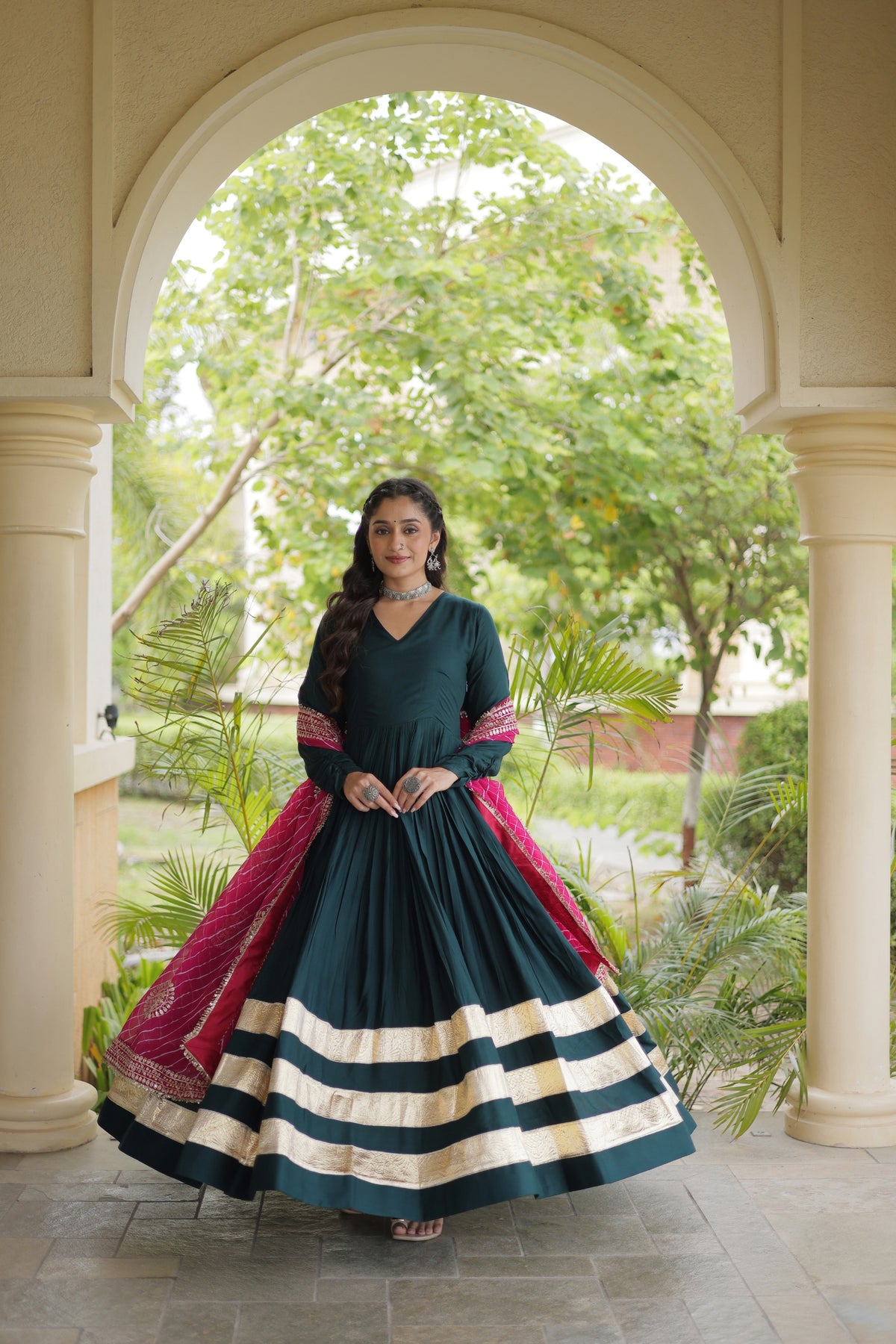Elegant Rama Green Rayon Gown with Pink Dupatta and Gota Patti Lace Work for Navratri