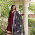 Stylish Maroon Rayon Gown with Black Dupatta and Gota Patti Lace Work for Navratri