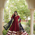 Stylish Maroon Rayon Gown with Black Dupatta and Gota Patti Lace Work for Navratri