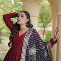 Stylish Maroon Rayon Gown with Black Dupatta and Gota Patti Lace Work for Navratri