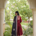 Stylish Maroon Rayon Gown with Black Dupatta and Gota Patti Lace Work for Navratri