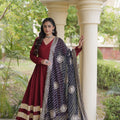 Stylish Maroon Rayon Gown with Black Dupatta and Gota Patti Lace Work for Navratri