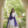 Charming White Rayon Gown with Purple Dupatta and Gota Patti Lace Work for Navratri