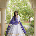 Charming White Rayon Gown with Purple Dupatta and Gota Patti Lace Work for Navratri