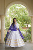 Charming White Rayon Gown with Purple Dupatta and Gota Patti Lace Work for Navratri