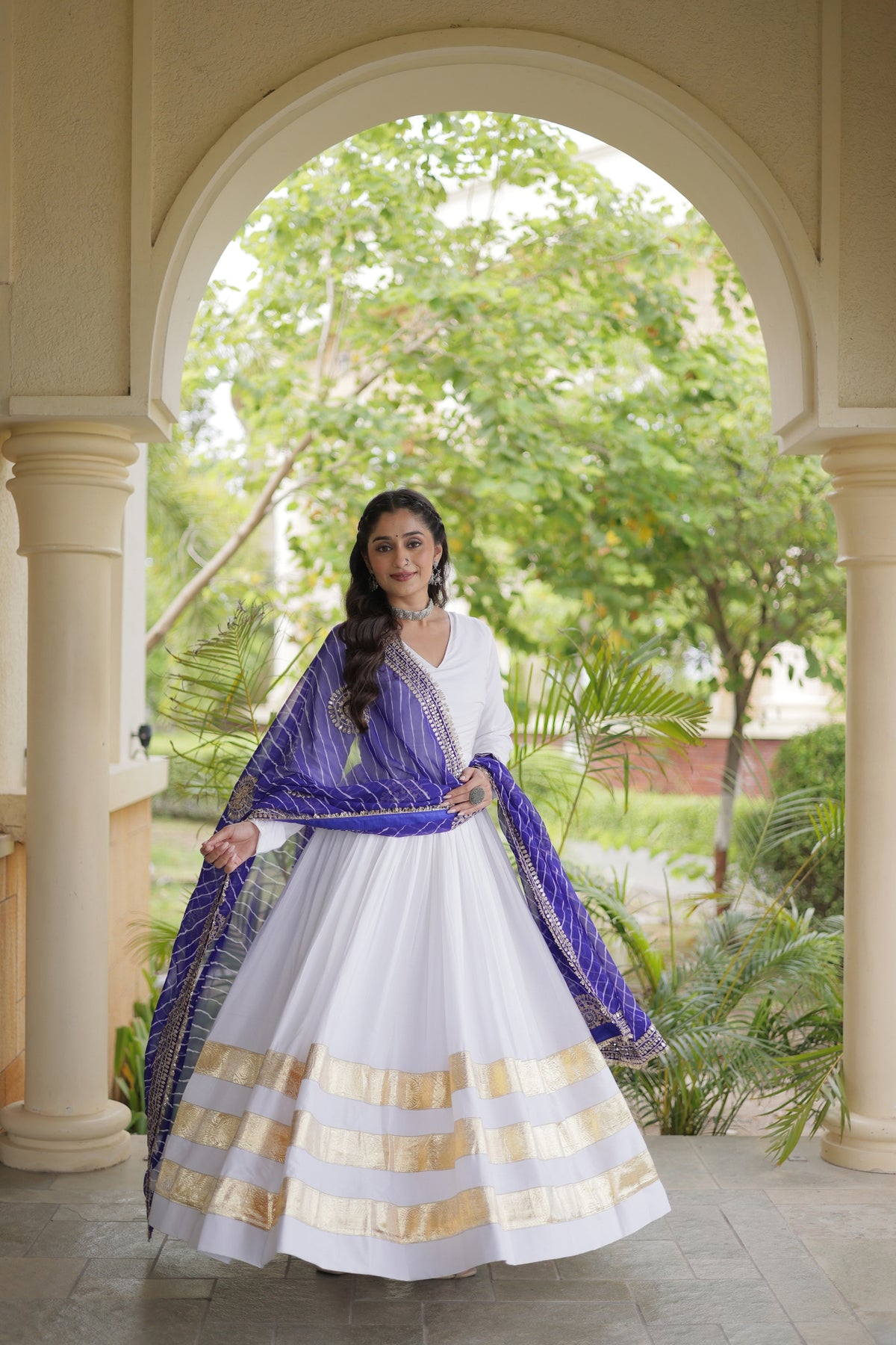 Charming White Rayon Gown with Purple Dupatta and Gota Patti Lace Work for Navratri